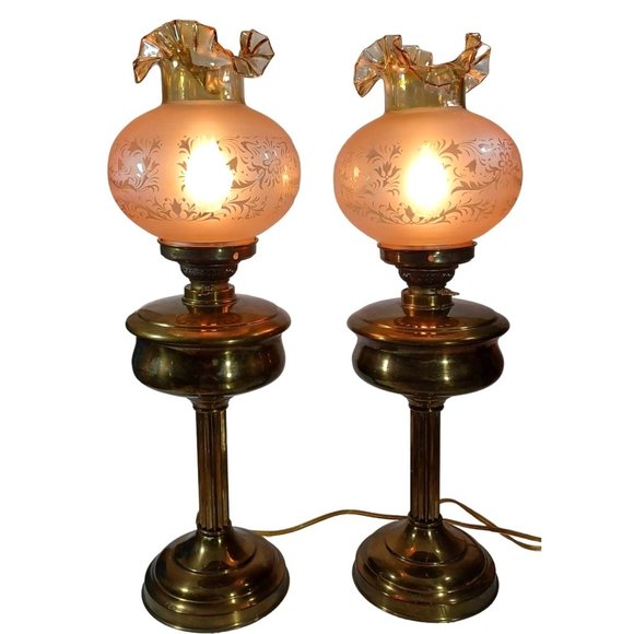 Antique Fenton Hurricane Oil Lamp Conv. Electric Iridescent Amber Shades Vintage - Picture 8 of 14